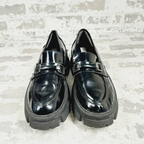 Steve Madden Lively Live Black Faux Leather Chunky Sole Loafers O678