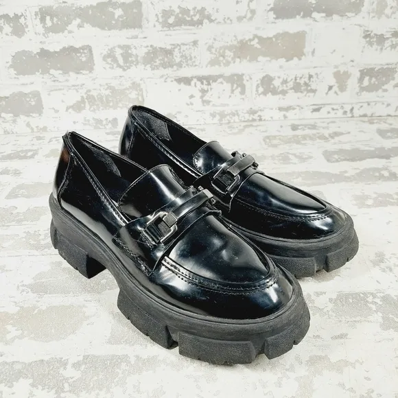 Steve Madden Lively Live Black Faux Leather Chunky Sole Loafers O678