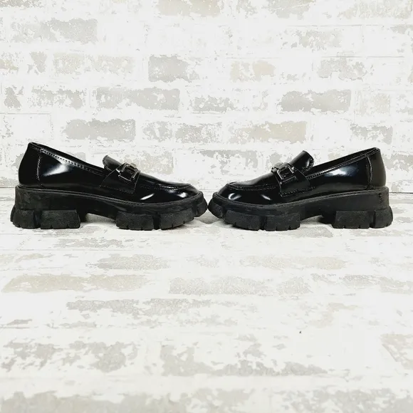 Steve Madden Lively Live Black Faux Leather Chunky Sole Loafers O678