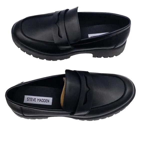Steve Madden Platform Chunky Lug Sole Penney Loafers Black Leather Womens 6