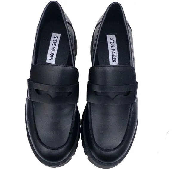 Steve Madden Platform Chunky Lug Sole Penney Loafers Black Leather Womens 6