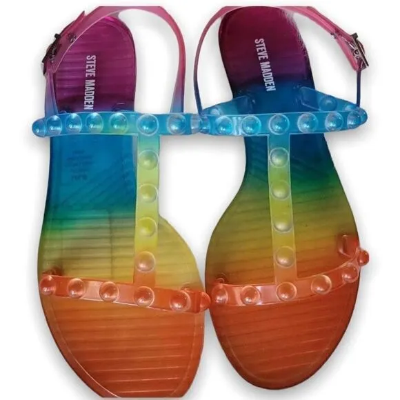 Steve Madden Rainbow Lolie Jelly Sandal Strap Open Toe Stud Y2K Flats
