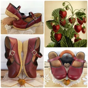 Strawberry Dansko Pro Clogs Marcelle Red Mary Jane Straps Buckles Boho Cottage