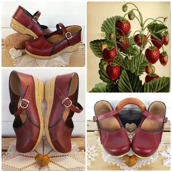 Strawberry Dansko Pro Clogs Marcelle Red Mary Jane Straps Buckles Boho Cottage