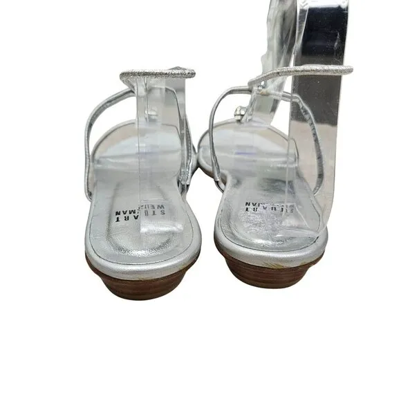 Stuart Weitzman Bartee Silver Leather‎ Rhinestone Sandals Elastic Strap Flats 7