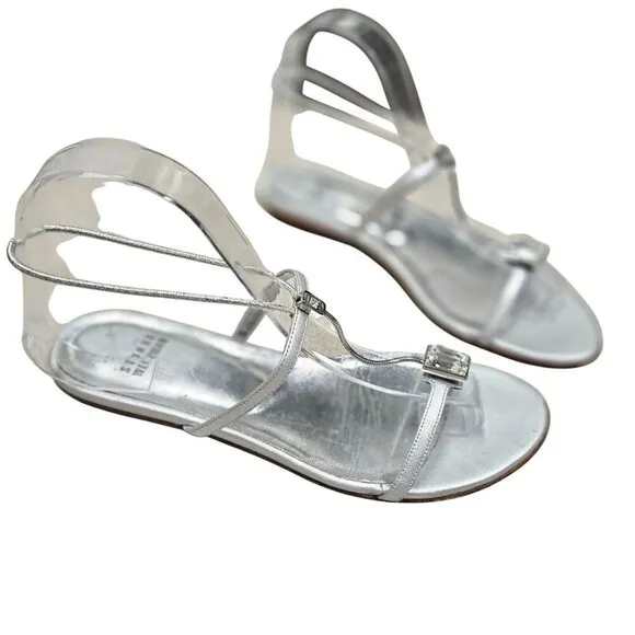 Stuart Weitzman Bartee Silver Leather‎ Rhinestone Sandals Elastic Strap Flats 7