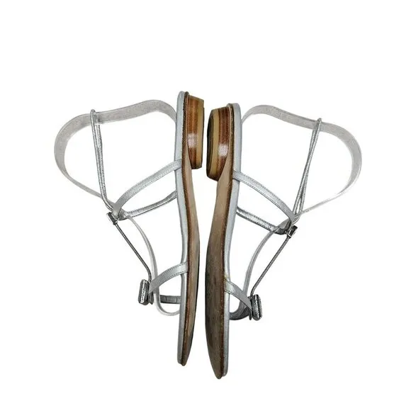 Stuart Weitzman Bartee Silver Leather‎ Rhinestone Sandals Elastic Strap Flats 7
