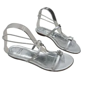 Stuart Weitzman Bartee Silver Leather‎ Rhinestone Sandals Elastic Strap Flats 7