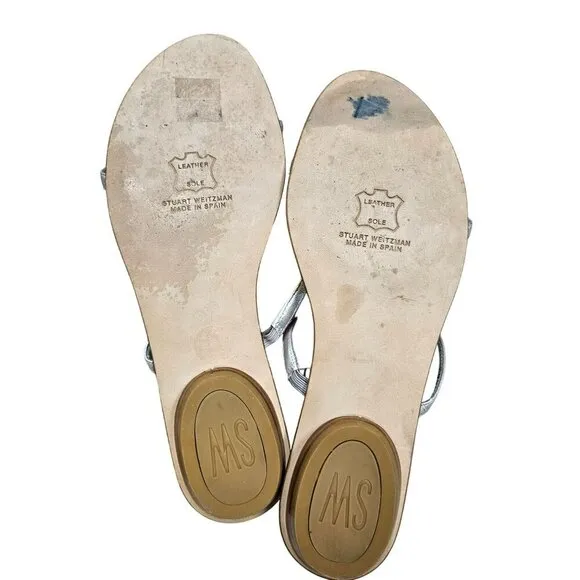 Stuart Weitzman Bartee Silver Leather‎ Rhinestone Sandals Elastic Strap Flats 7