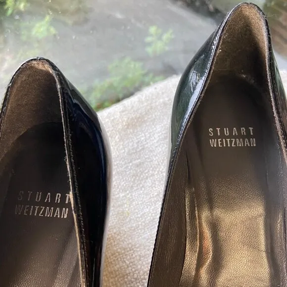 Stuart Weitzman Black patent leather Peep Toe Wedge Espadrilles, Size 8.5