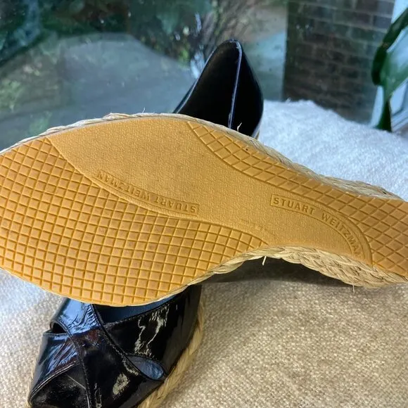 Stuart Weitzman Black patent leather Peep Toe Wedge Espadrilles, Size 8.5
