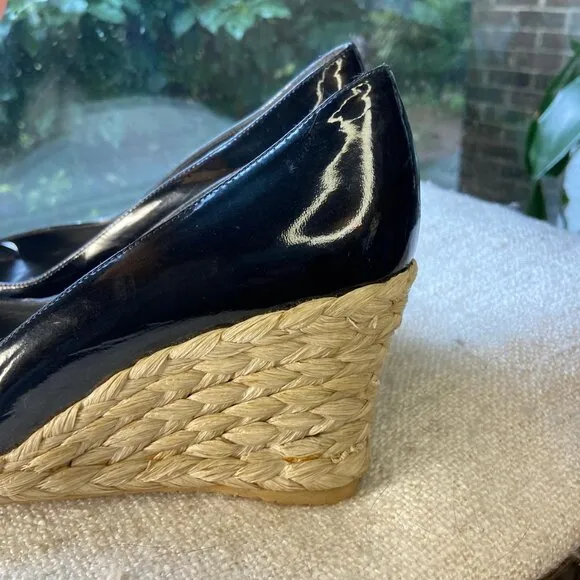 Stuart Weitzman Black patent leather Peep Toe Wedge Espadrilles, Size 8.5
