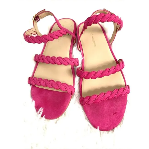 Stuart Weitzman Flats Sandals Size 6.5 Fuchsia Hot Pink Buckle Strap Suede