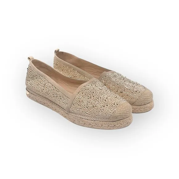 Stuart Weitzman ☀︎︎ Rockon Stud Flat Espadrilles ☀︎︎ Natural Gold Leather ☀︎︎ 9M