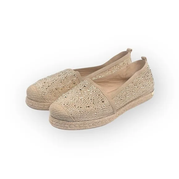 Stuart Weitzman ☀︎︎ Rockon Stud Flat Espadrilles ☀︎︎ Natural Gold Leather ☀︎︎ 9M