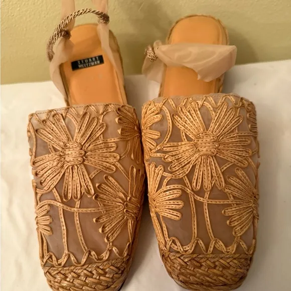 Stuart Weitzman Tan Floral Rufia, Organza Mesh Espadrilles, NWOB, Size 7-1/2