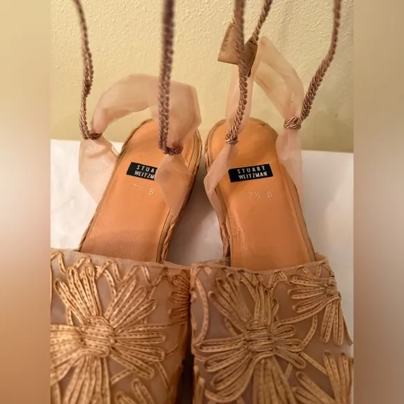 Stuart Weitzman Tan Floral Rufia, Organza Mesh Espadrilles, NWOB, Size 7-1/2