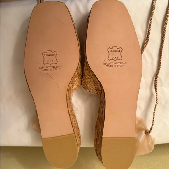Stuart Weitzman Tan Floral Rufia, Organza Mesh Espadrilles, NWOB, Size 7-1/2