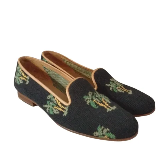 Stubbs &amp; Wootton Black Palm Tree  Loafers Needlepoint Flats Sz 9