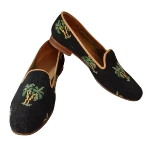 Stubbs &amp; Wootton Black Palm Tree  Loafers Needlepoint Flats Sz 9
