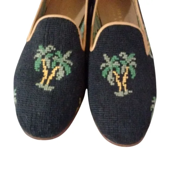 Stubbs &amp; Wootton Black Palm Tree  Loafers Needlepoint Flats Sz 9