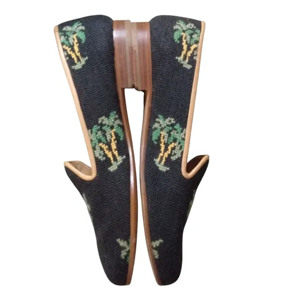 Stubbs &amp; Wootton Black Palm Tree  Loafers Needlepoint Flats Sz 9
