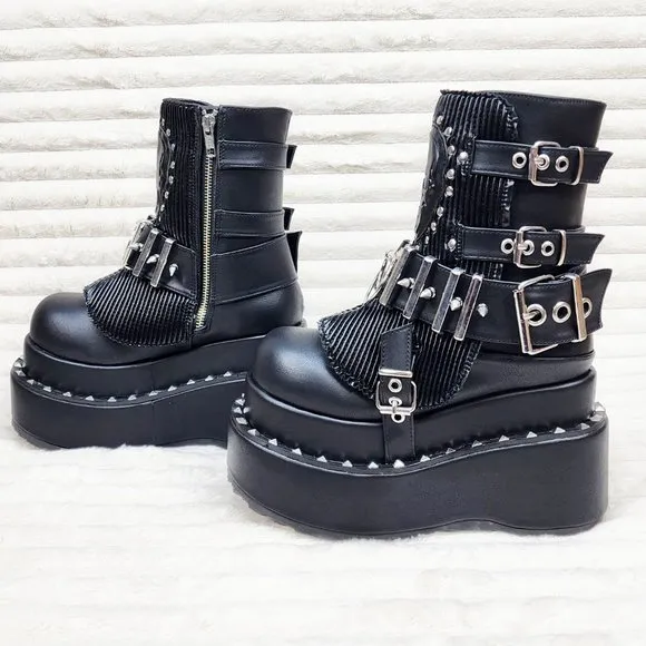 Stud &amp; Skull Patch Black Matte Bear 150 Platform Ankle Boots Goth Punk Rave