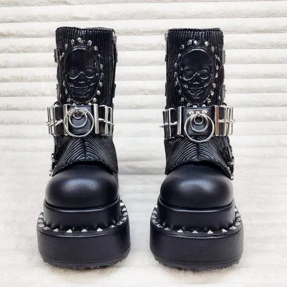 Stud &amp; Skull Patch Black Matte Bear 150 Platform Ankle Boots Goth Punk Rave