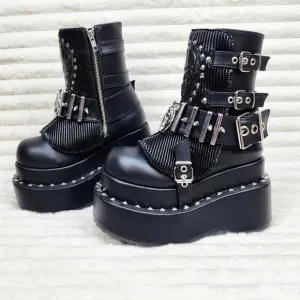 Stud &amp; Skull Patch Black Matte Bear 150 Platform Ankle Boots Goth Punk Rave