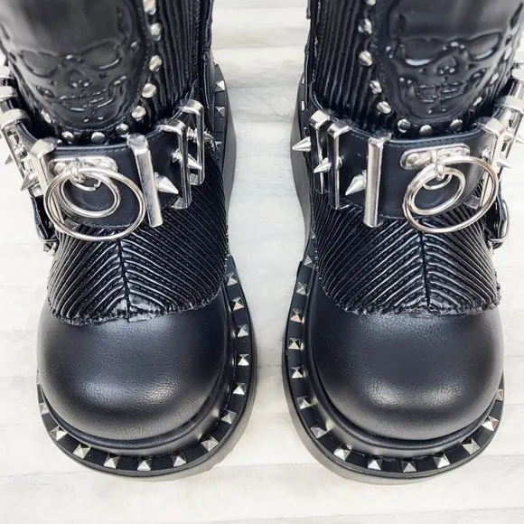 Stud &amp; Skull Patch Black Matte Bear 150 Platform Ankle Boots Goth Punk Rave