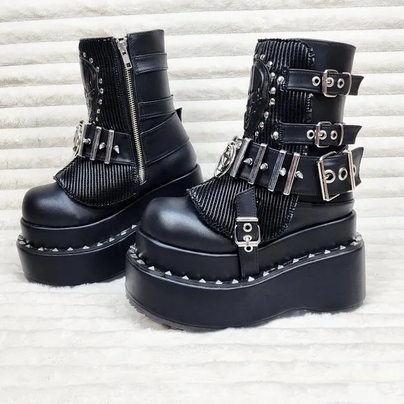 Stud &amp; Skull Patch Black Matte Bear 150 Platform Ankle Boots Goth Punk Rave
