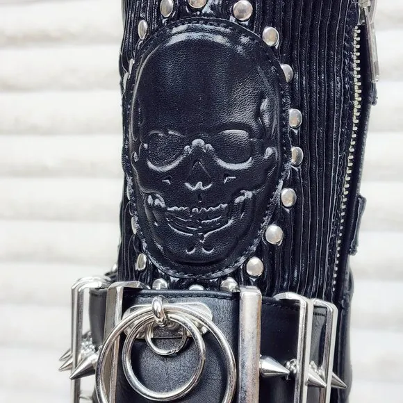 Stud &amp; Skull Patch Black Matte Bear 150 Platform Ankle Boots Goth Punk Rave