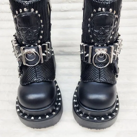 Stud &amp; Skull Patch Black Matte Bear 150 Platform Ankle Boots Goth Punk Rave