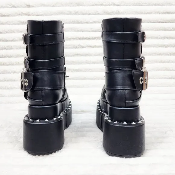 Stud &amp; Skull Patch Black Matte Bear 150 Platform Ankle Boots Goth Punk Rave