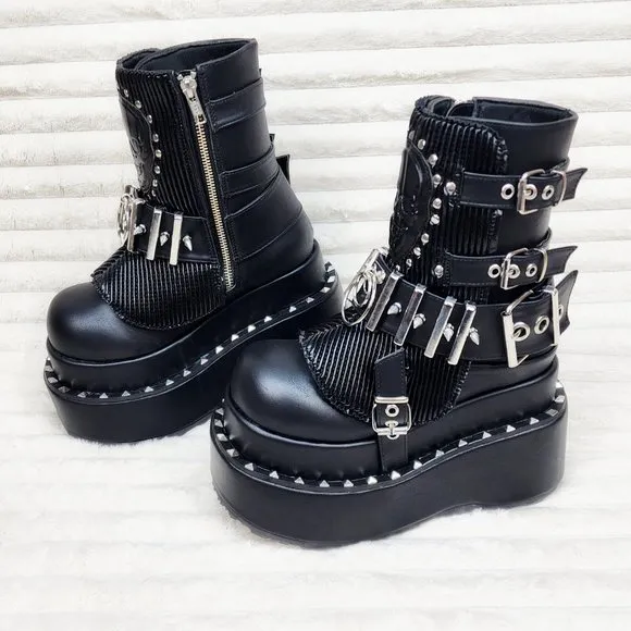 Stud &amp; Skull Patch Black Matte Bear 150 Platform Ankle Boots Goth Punk Rave