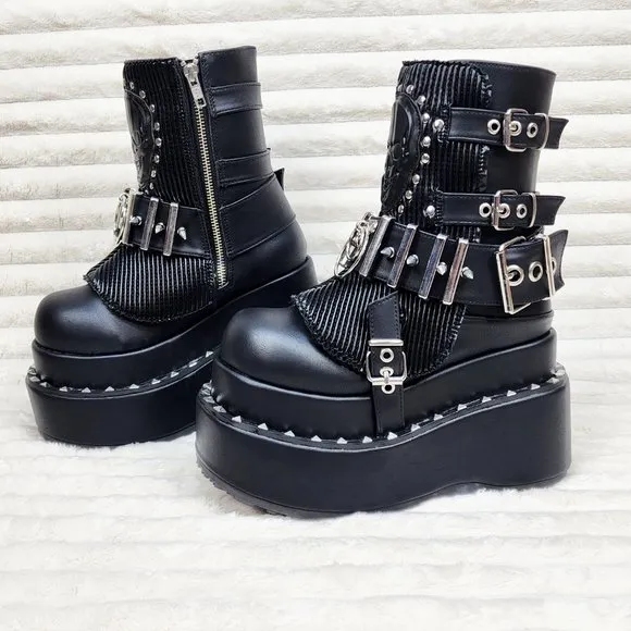 Stud &amp; Skull Patch Black Matte Bear 150 Platform Ankle Boots Goth Punk Rave