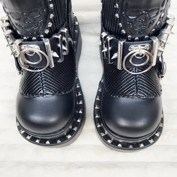 Stud &amp; Skull Patch Black Matte Bear 150 Platform Ankle Boots Goth Punk Rave