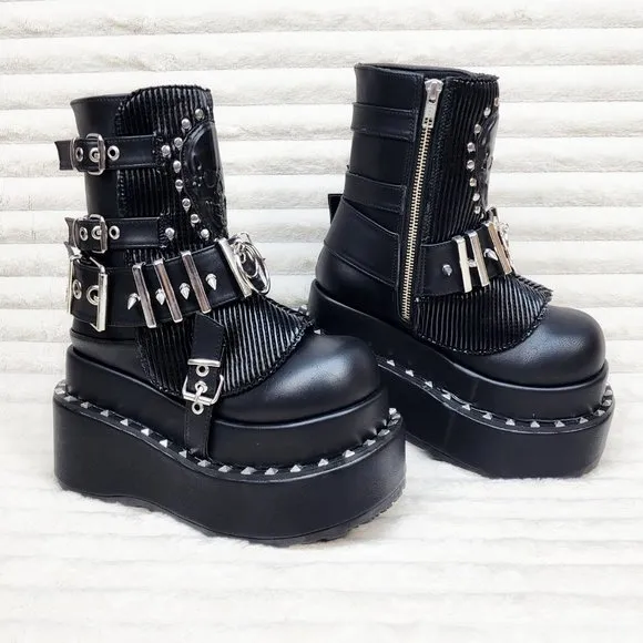 Stud &amp; Skull Patch Black Matte Bear 150 Platform Ankle Boots Goth Punk Rave