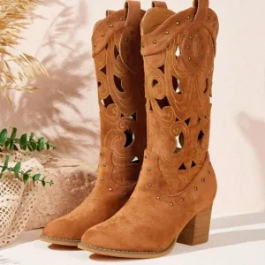 Styleloop Solid Color Mid-Calf High Heel PU Leather Daily Simple And Versatile