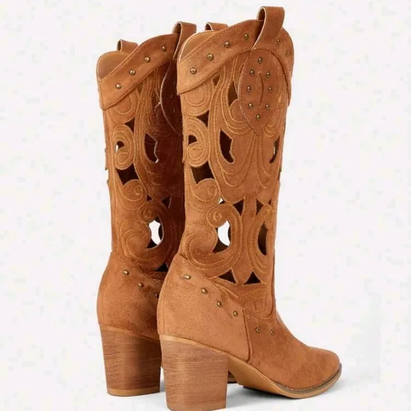 Styleloop Solid Color Mid-Calf High Heel PU Leather Daily Simple And Versatile
