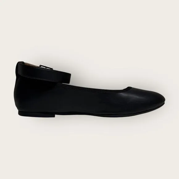 Sun   Stone | Luellaa Buckle Ankle Strap Ballet Flats | Black | Size 8