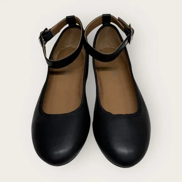 Sun   Stone | Luellaa Buckle Ankle Strap Ballet Flats | Black | Size 8
