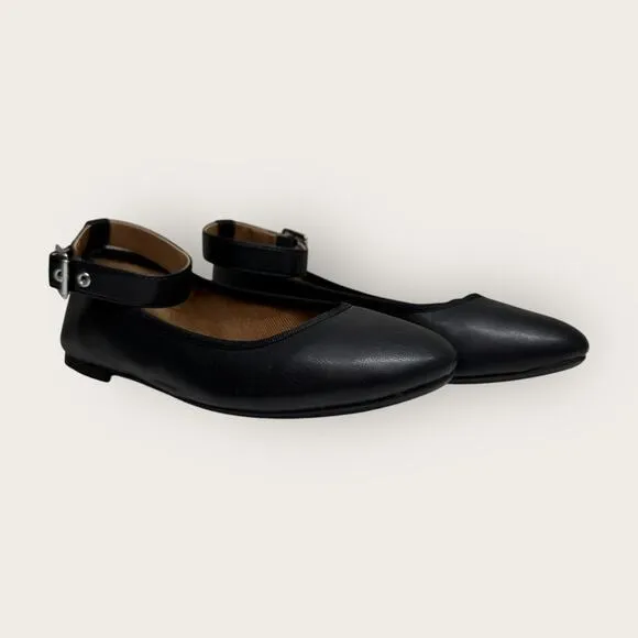 Sun   Stone | Luellaa Buckle Ankle Strap Ballet Flats | Black | Size 8