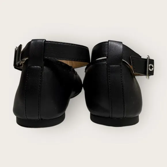 Sun   Stone | Luellaa Buckle Ankle Strap Ballet Flats | Black | Size 8