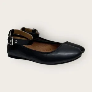 Sun   Stone | Luellaa Buckle Ankle Strap Ballet Flats | Black | Size 8