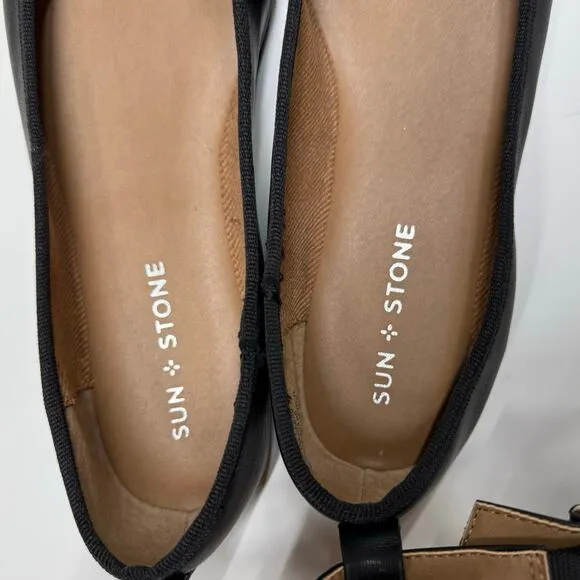 Sun   Stone | Luellaa Buckle Ankle Strap Ballet Flats | Black | Size 8