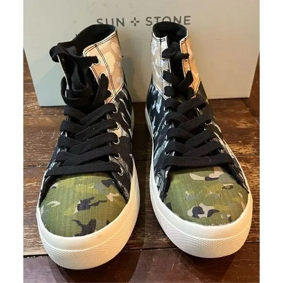 SUN STONE Mens Green Camouflage Colorblock Patchwork Cushioned Mesa Round Toe