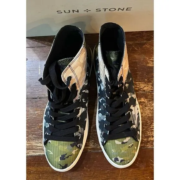 SUN STONE Mens Green Camouflage Colorblock Patchwork Cushioned Mesa Round Toe