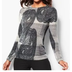 Talbots Pure Cashmere Plaid Paisley Crewneck Sweater Black/Gray Medium