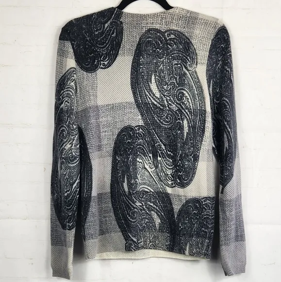 Talbots Pure Cashmere Plaid Paisley Crewneck Sweater Black/Gray Medium